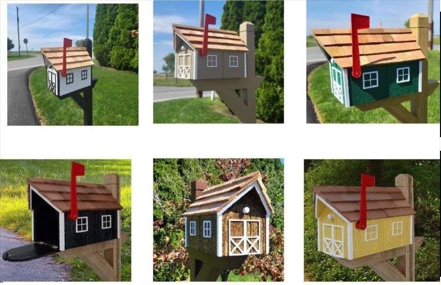Amish Mailbox Gray - Handmade - Wooden - Barn Style - Gray - With a Tall Prominent Sturdy Flag - With Cedar Shake Shingles Roof - Barn Mailboxes Wood
