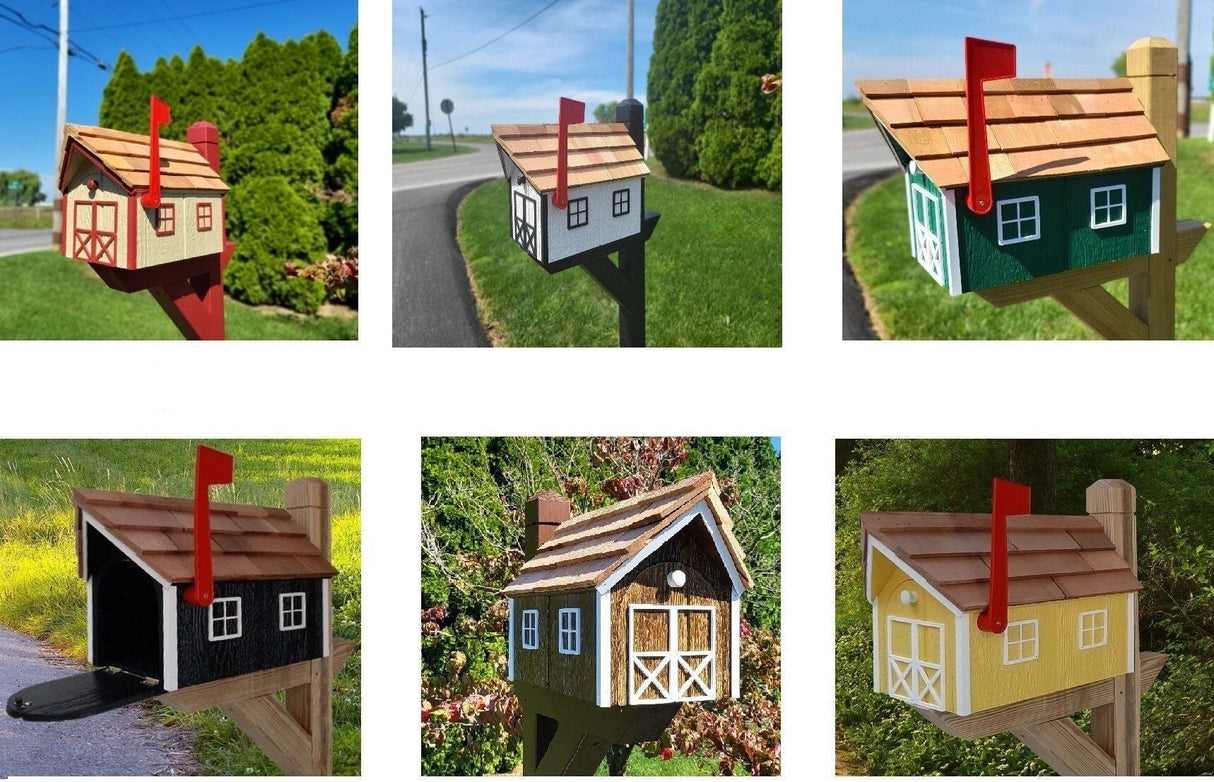 Dark Gray Mailbox - Amish Handmade - Wooden - Barn - Style - With Tall Prominent Sturdy Flag- Cedar Shake Shingles Roof - Mailbox - Outdoor - Barn Mailboxes Wood