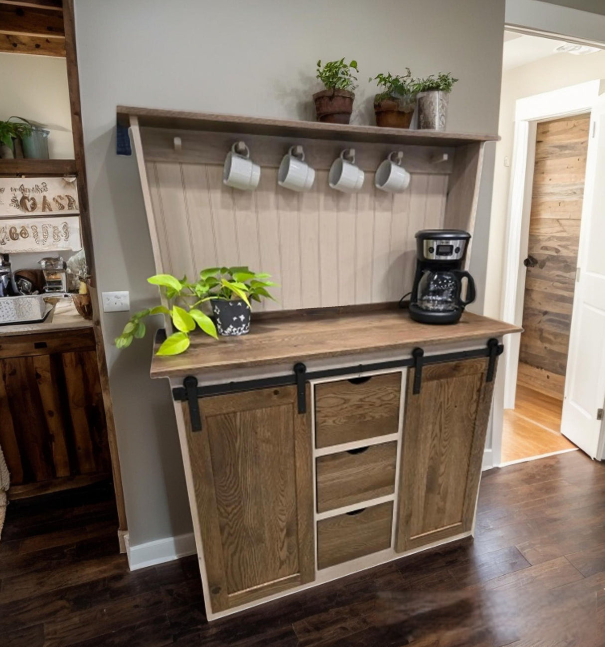 Amish Handmade Coffee Nook - X Large Coffee Bar Station - Farmhouse Coffee Cart - Kitchen Coffee Cabinet - Cupboard Rustic - Multipurpose
