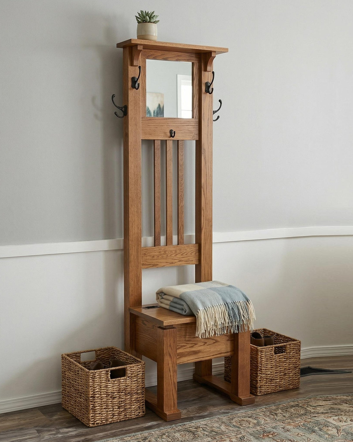 Amish Handmade Hall Seat - Storage Bench - Multipurpose Cabinet - Farmhouse Hall Tree - Mirror Home Decor - Primitive Storage- Rustic- Hooks