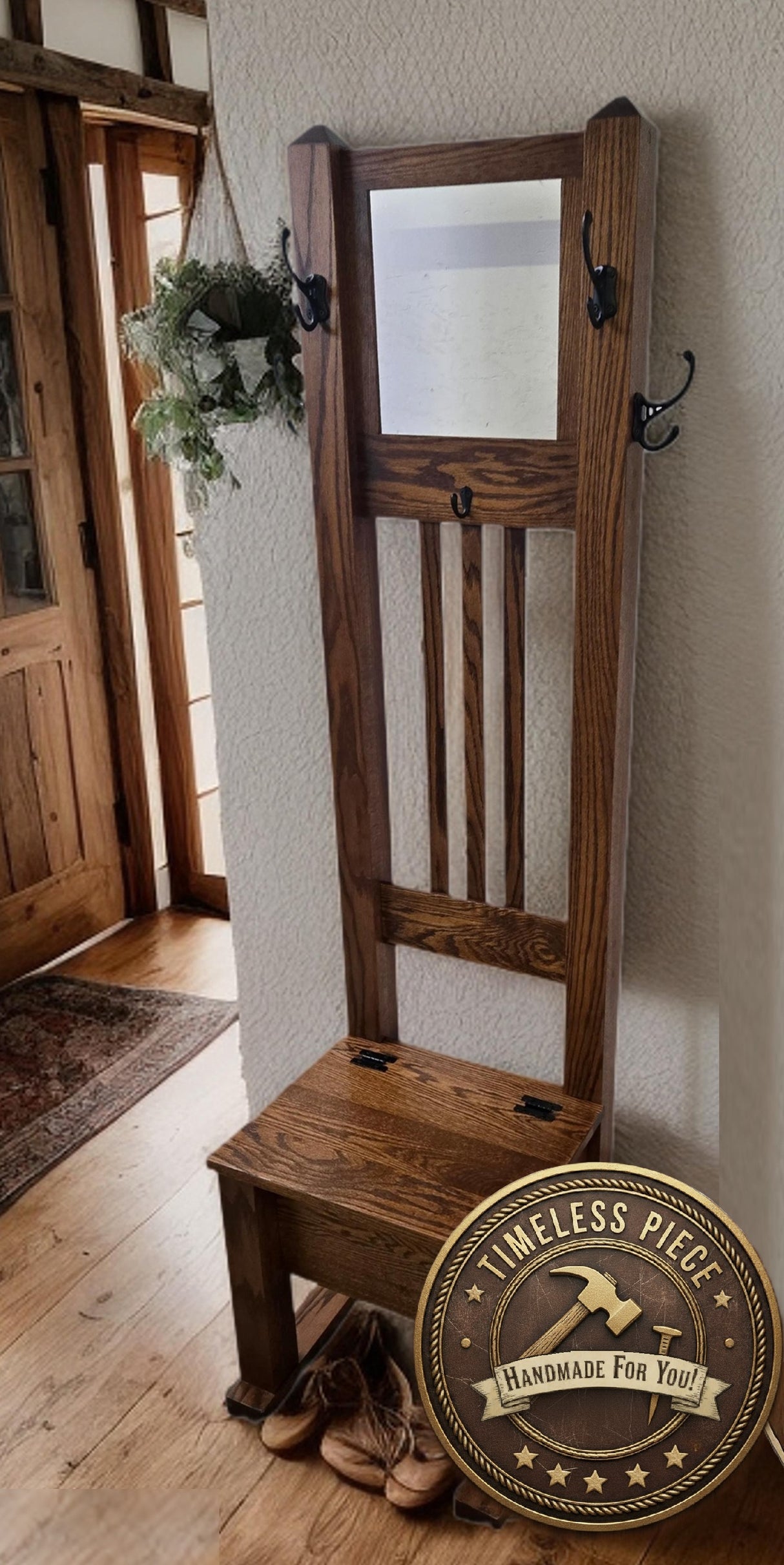 Amish Handmade Hall Seat - Storage Bench - Multipurpose Cabinet - Farmhouse Hall Tree - Mirror Home Decor - Primitive Storage- Rustic- Hooks