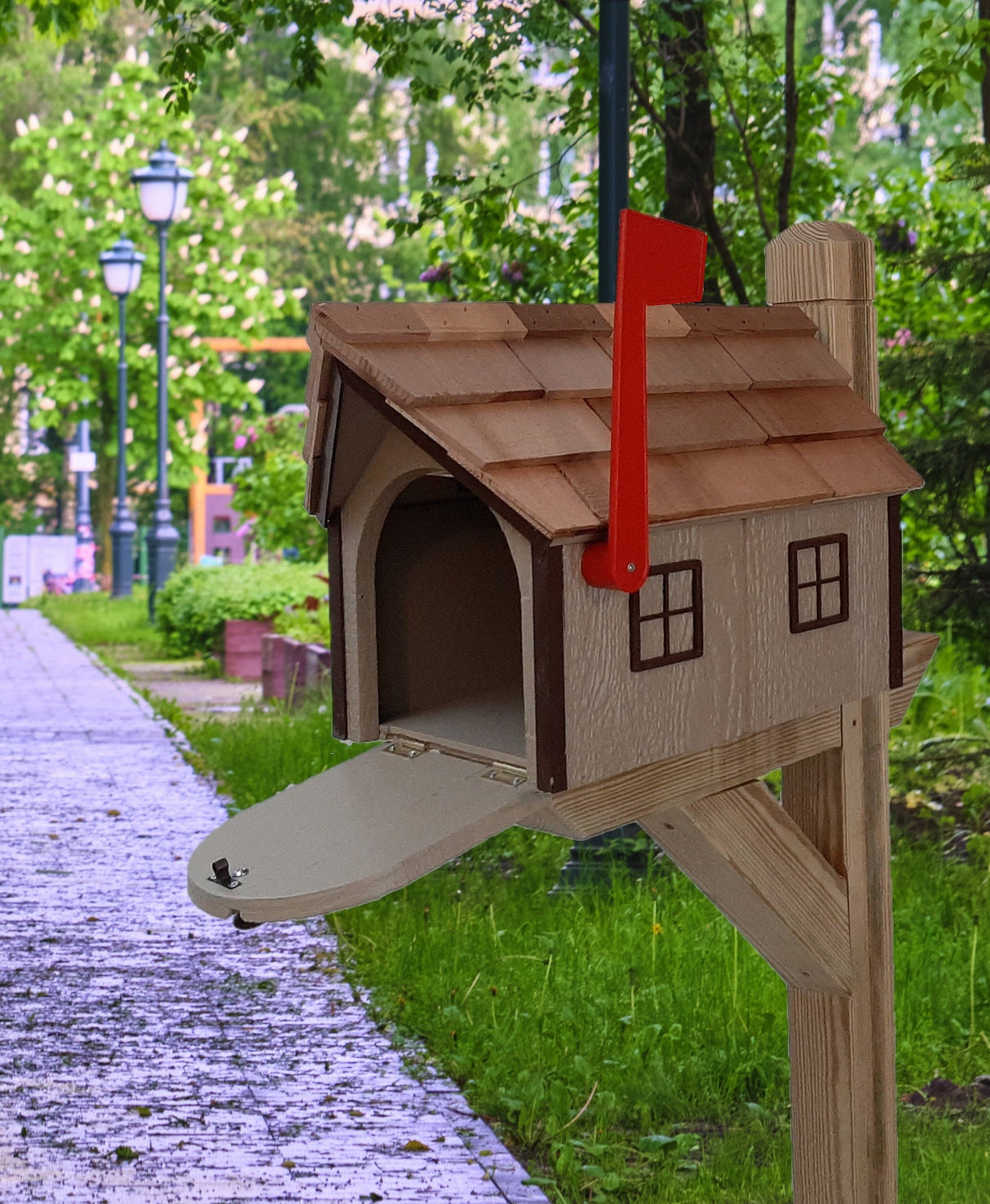 Barn Mailbox - Handmade - Wooden - Rustic - Clay - Amish - With a Tall Prominent Sturdy Flag -  Rural - Cedar - Mailbox - on - post - Barn Mailboxes Wood