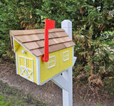 Amish Mailbox Yellow - Handmade - Wooden - Barn Style - With a Tall Prominent Sturdy Flag - With Cedar Shake Shingles Roof