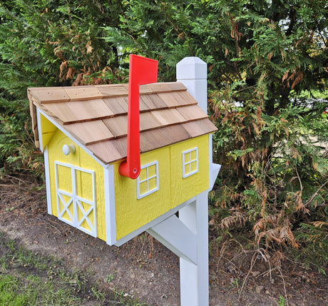 Amish Mailbox Yellow - Handmade - Wooden - Barn Style - With a Tall Prominent Sturdy Flag - With Cedar Shake Shingles Roof