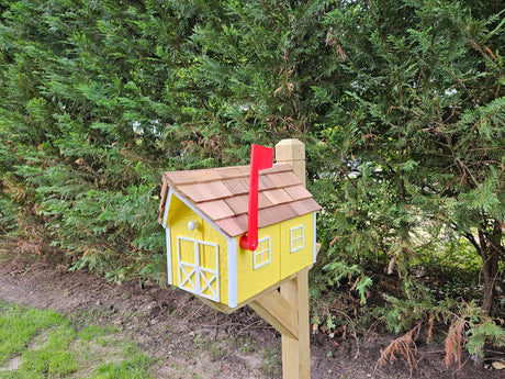 Amish Mailbox Yellow - Handmade - Wooden - Barn Style - With a Tall Prominent Sturdy Flag - With Cedar Shake Shingles Roof