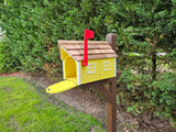 Amish Mailbox Yellow - Handmade - Wooden - Barn Style - With a Tall Prominent Sturdy Flag - With Cedar Shake Shingles Roof