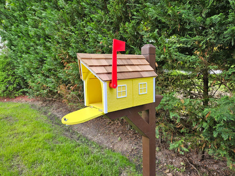 Amish Mailbox Yellow - Handmade - Wooden - Barn Style - With a Tall Prominent Sturdy Flag - With Cedar Shake Shingles Roof