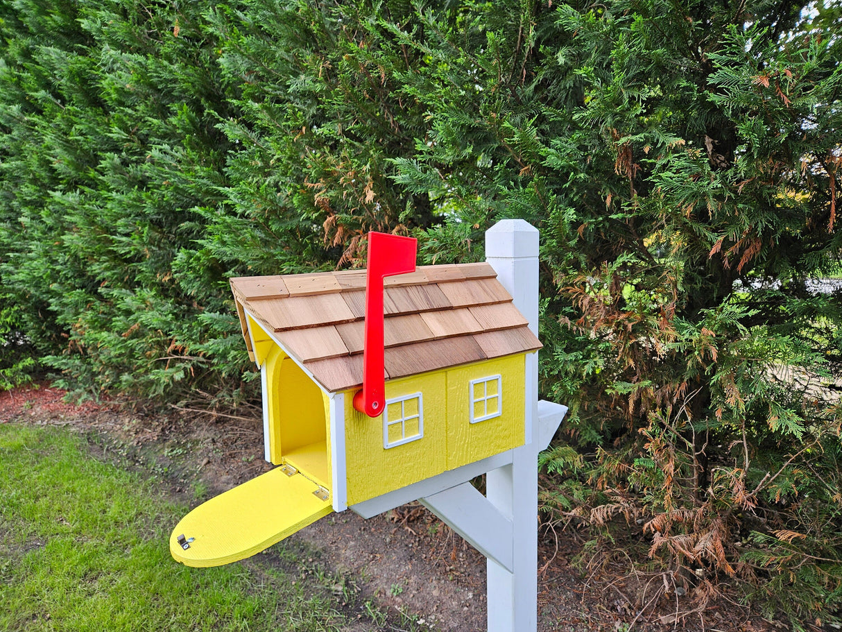 Amish Mailbox Yellow - Handmade - Wooden - Barn Style - With a Tall Prominent Sturdy Flag - With Cedar Shake Shingles Roof