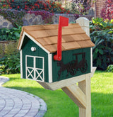 Amish Mailbox Horse and Carriage Design Handmade Barn Style Wooden Mailbox With a Tall Prominent Sturdy Flag and Cedar Shake Roof - Barn Mailboxes Wood