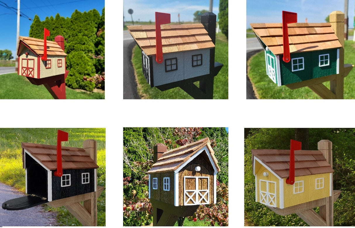 Amish Mailbox - Handmade - Barn Style - Wooden - Tall Prominent Sturdy Flag - With Cedar Shake Shingles Roof - Amish Outdoor Mailbox - Barn Mailboxes Wood