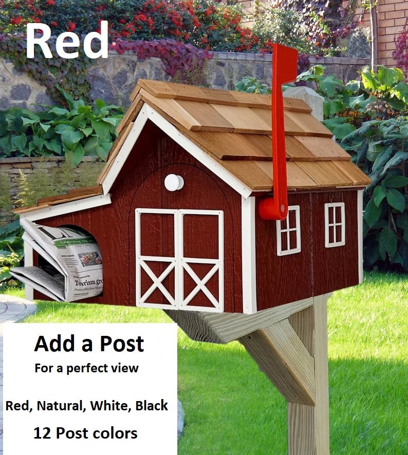 Amish barn Mailbox with Newspaper Holder, Handmade, Wooden Mailbox With Cedar Shake Roof and a Tall Prominent Sturdy Flag