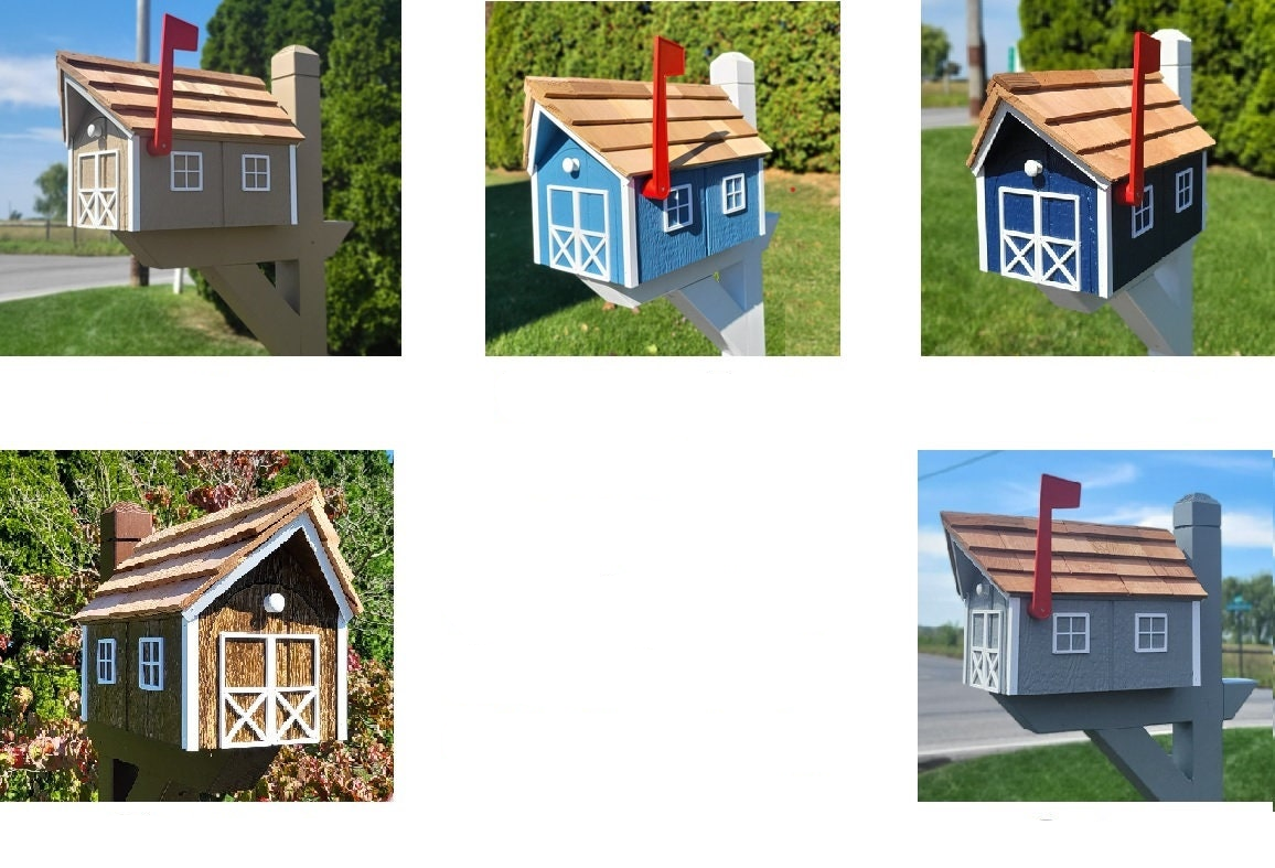 Cow Design Amish Mailbox, Handmade Barn Style Wooden Mailbox With Tall Prominent Sturdy Flag and Cedar Roof