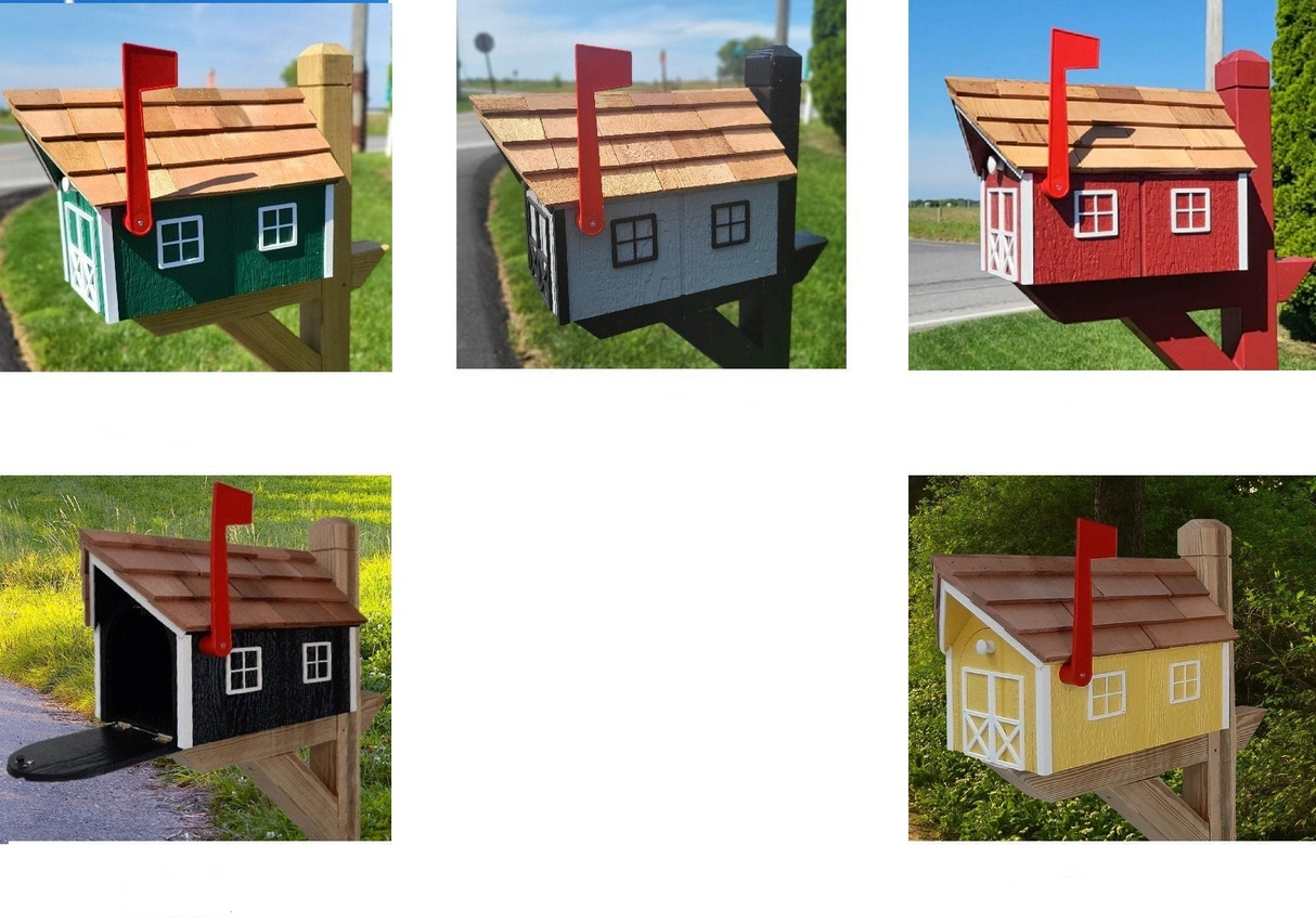 Cow Design Amish Mailbox, Handmade Barn Style Wooden Mailbox With Tall Prominent Sturdy Flag and Cedar Roof