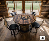 Barrel Bar Table - Amish Handmade - Counter Table - Bar Chairs - Farmhouse Furniture - Swivel Chairs - Cushion Seat - Whiskey Barrel- Rustic