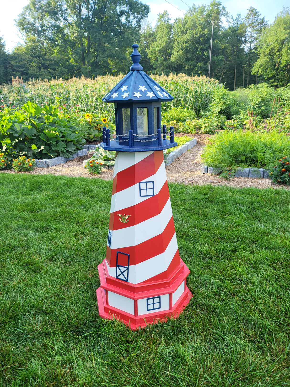 Patriotic Solar Lighthouse - Amish  Handmade - Landmark Replica - Garden Decor