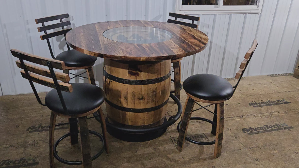 Barrel Bar Table - Amish Handmade - Counter Table - Bar Chairs - Farmhouse Furniture - Swivel Chairs - Cushion Seat - Whiskey Barrel- Rustic