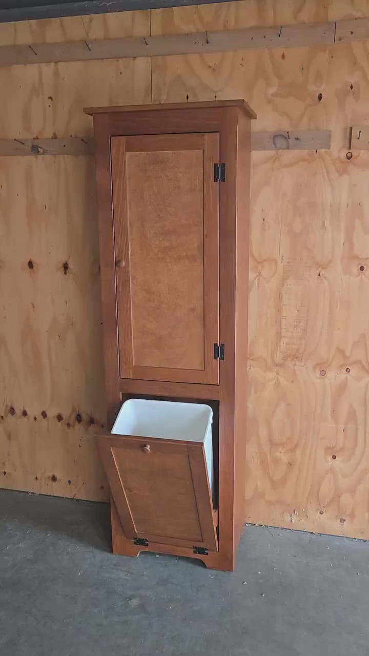 Amish Handmade Pine Cabinet: Farmhouse Kitchen Cupboard with Trash Bin