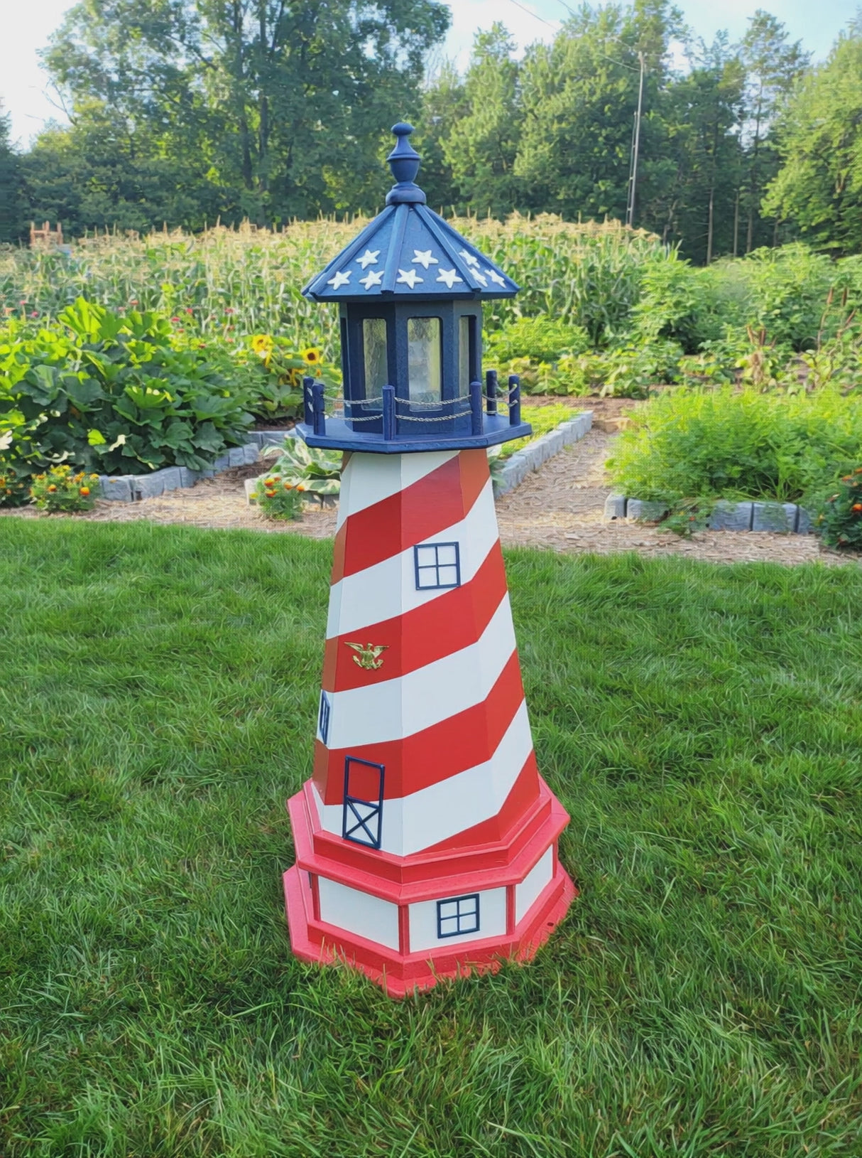 Patriotic Solar Lighthouse - Amish  Handmade - Landmark Replica - Garden Decor