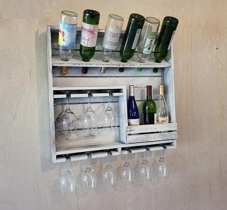 Rustic Wine Shelf - Wall Mounted - Amish Handmade Wine Holder - Wine Display With Glass Holder - Gifts - Bar Rack- Wooden Bottle Holder