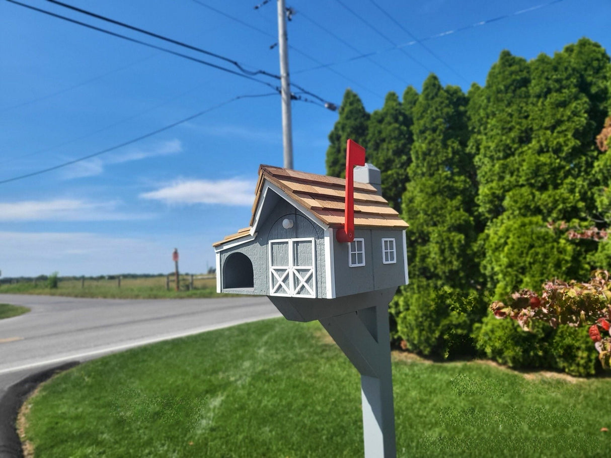 Amish barn Mailbox with Newspaper Holder, Handmade, Wooden Mailbox With Cedar Shake Roof and a Tall Prominent Sturdy Flag