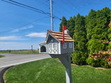 Amish barn Mailbox with Newspaper Holder, Handmade, Wooden Mailbox With Cedar Shake Roof and a Tall Prominent Sturdy Flag