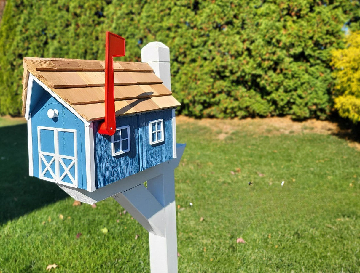 Dark Gray Mailbox - Amish Handmade - Wooden - Barn - Style - With Tall Prominent Sturdy Flag- Cedar Shake Shingles Roof - Mailbox - Outdoor - Barn Mailboxes Wood