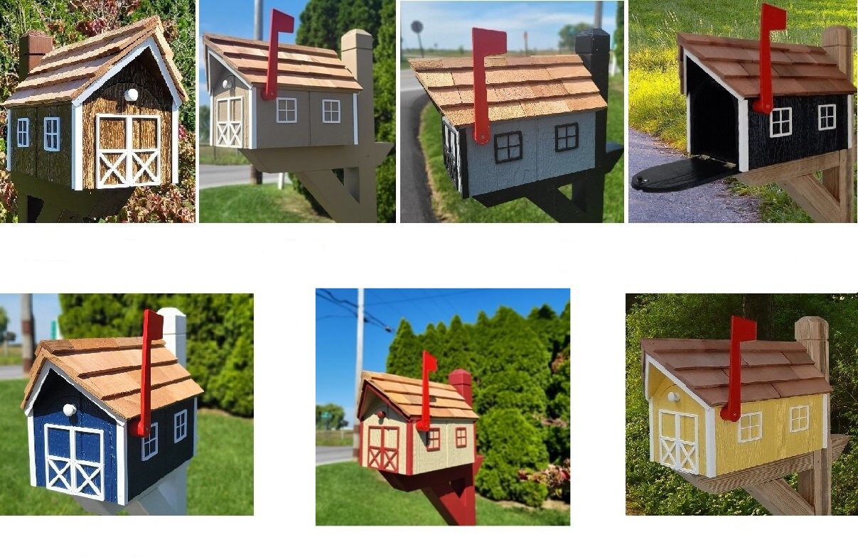 Newspaper Mailbox Amish Handmade. Wooden Mailbox With Cedar Shake Roof and a Tall Prominent Sturdy Flag