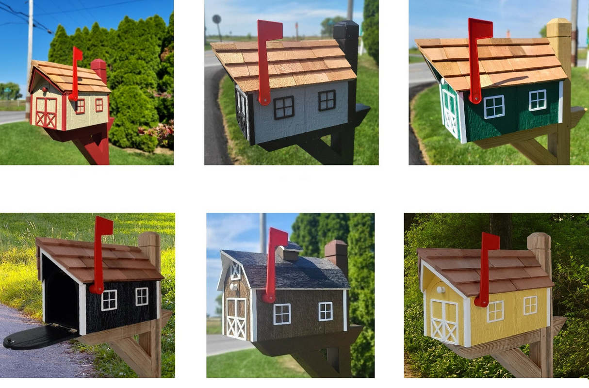 Amish Mailbox - Handmade - Barn Style - Wooden - Tall Prominent Sturdy Flag - Cedar Shake Shingles Roof - Amish Outdoor Mailbox Multi Colors - 